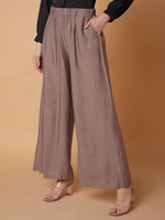 Women Solid Brown Pleated Loose Fit Trouser-1075-Brown