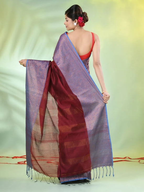 Maroon Cotton Saree With Zari Borders-MA66BCT43620005