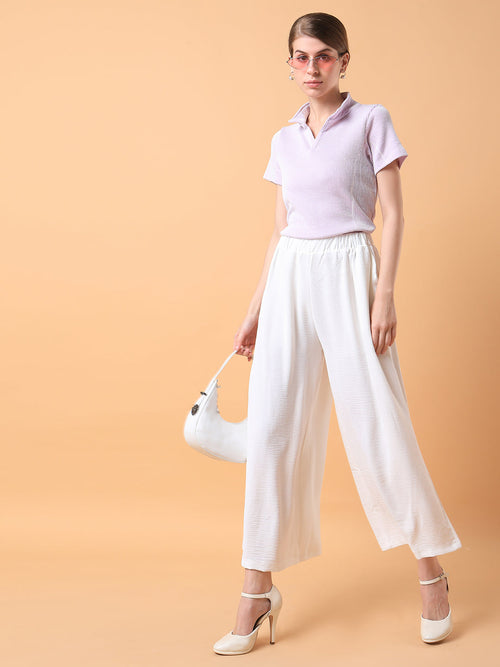 Women Solid White Pleated Loose Fit Trouser-1090-White