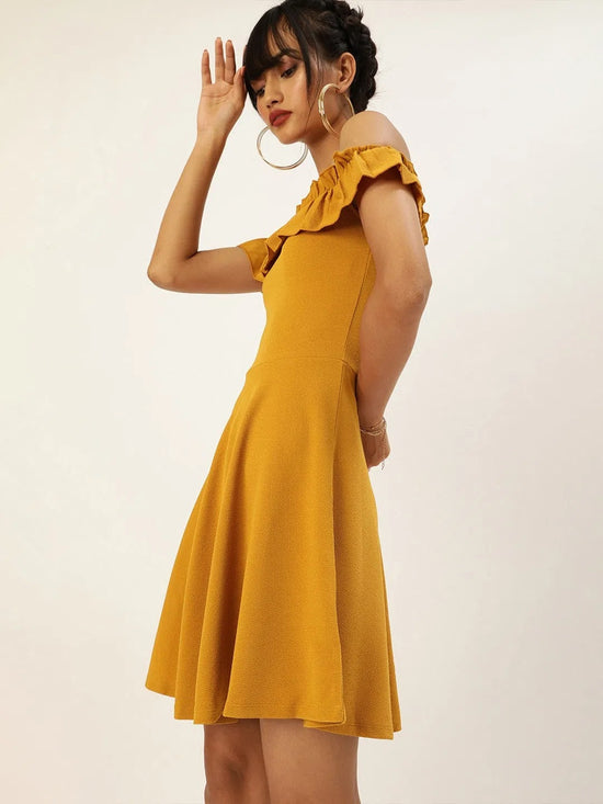 Veni Vidi Vici Mustard Frilled Bardot Skater Dress