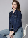 Women Navy Blue Solid Denim Jacket-AE-0115-Navyblue