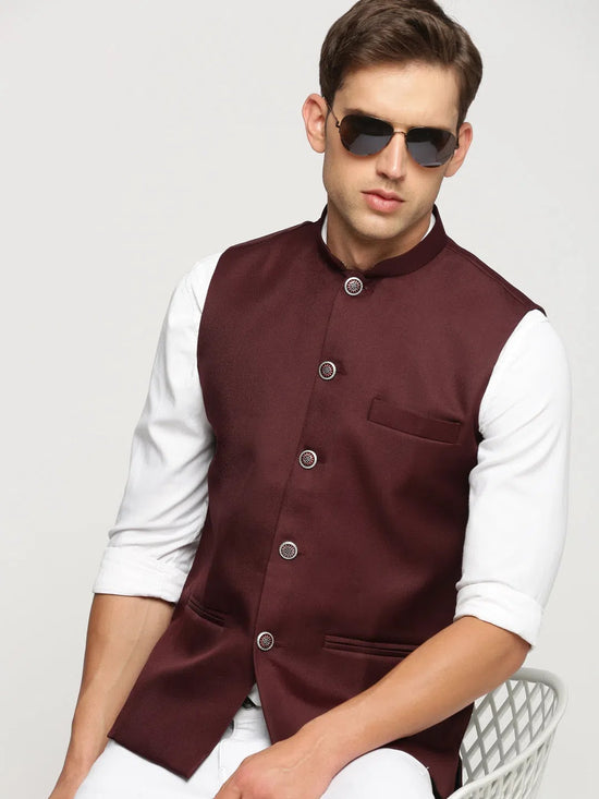 Men Maroon Mandarin Collar Solid Nehru Jacket-AD-J-450-Maroon