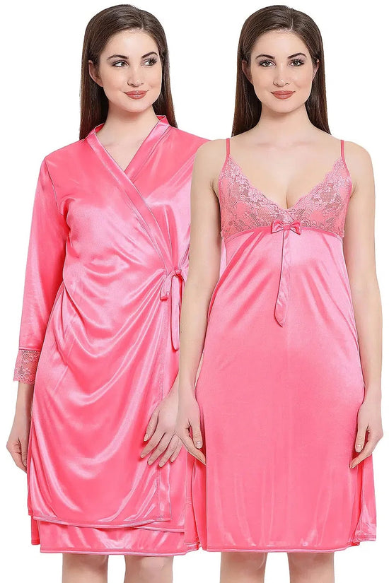 Clovia Short Night Dress & Full Sleeves Robe Set in Pink - Satin