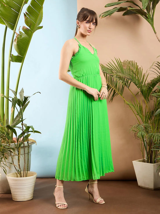 Women Green Strappy Pleated Maxi Dress