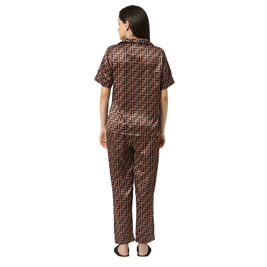 Smarty Pants Women's Silk Satin Chocolate Brown Color Aztec Printed Night Suit-SMNSP-882-S