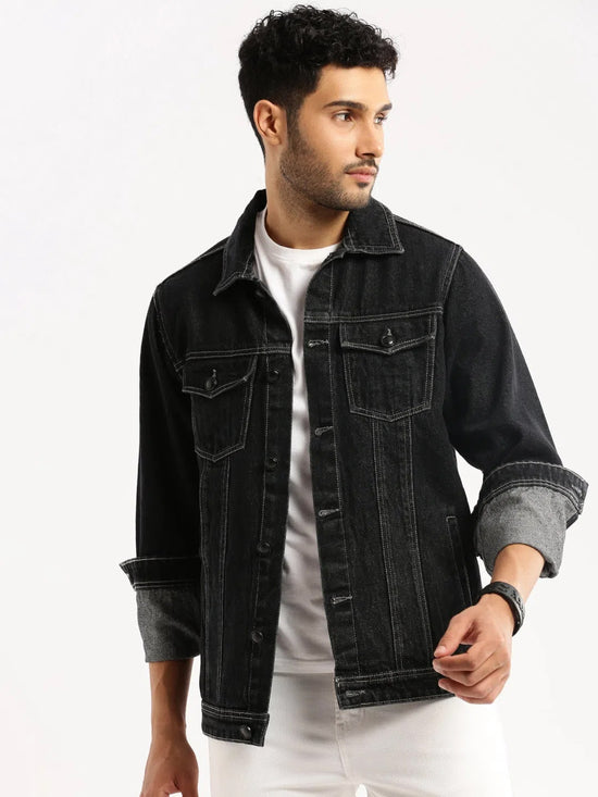 Men Black Spread Collar Solid Denim Jacket-IB-DJ-05-2-Black