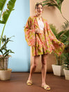 Women Green Floral Kimono Shrug With Shorts