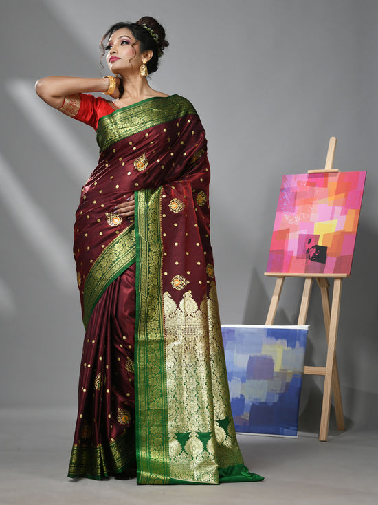 Maroon Silk Banarasi Saree With Ethnic Motifs And Woven Designs-MA52BSL44910102