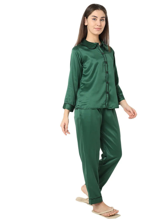 Smarty Pants Women's Silk Satin Bottle Green Color Night Suit