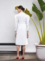 Women White Poplin Ruched Belted Shirt Dress