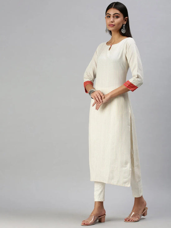 Women's White Striped Straight Kurta-RF1350-White