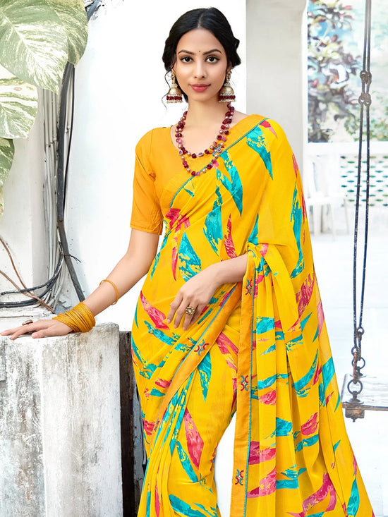 Saree Mall Women's Georgette Yellow Embellished Designer Saree With Blouse Piece-MUNIYA40190