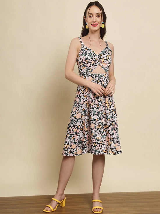 Floral Print Center Cut Out Dress