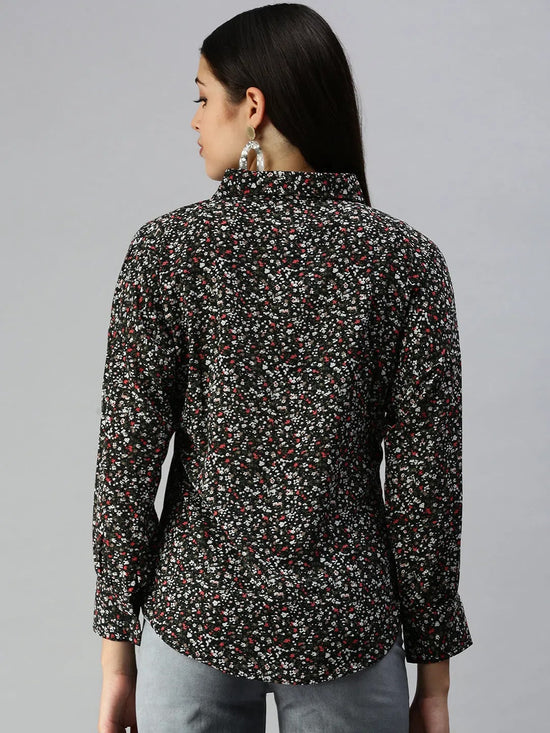 Women's Black Printed Shirt-AE-10198-Black