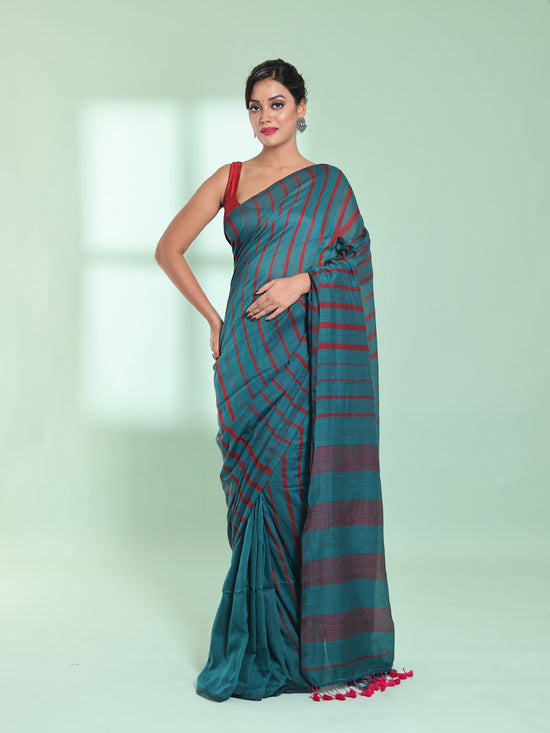 Teal Cotton Saree With Stripes Pattern-MA59CT06530041