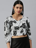 Women White Printed Crop Corset Top-AE-7028-Whiteblack