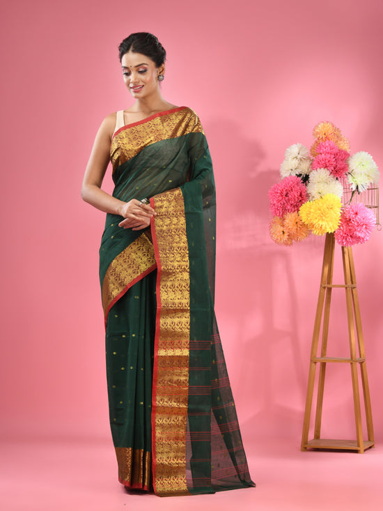 Dark Green Pure Cotton Tant Saree With Zari Border-MA51TT43490091