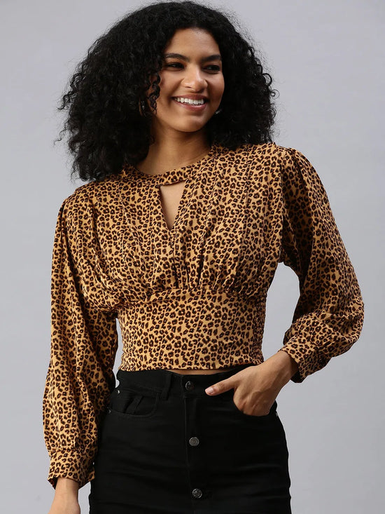 Women's Long Brown Animal Top-AE-10283-Brownblack