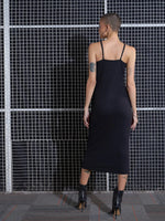 Women Black Rib Halter Neck Bodycon Midi Dress