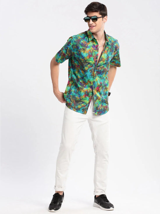 Men Spread Collar Abstract Green Casual Shirt-REVERIE-2113-Green