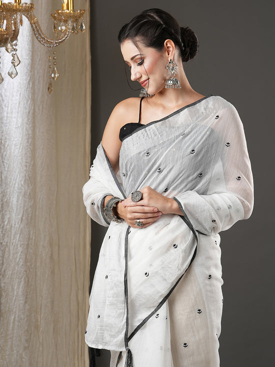 Saree Mall Women's Cotton  White Embroidered Designer Saree With Blouse Piece-10KAVI1001