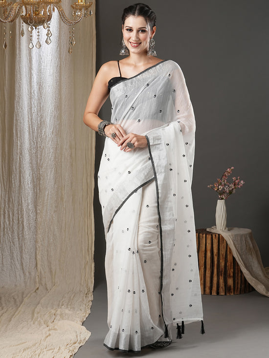 Saree Mall Women's Cotton  White Embroidered Designer Saree With Blouse Piece-10KAVI1001