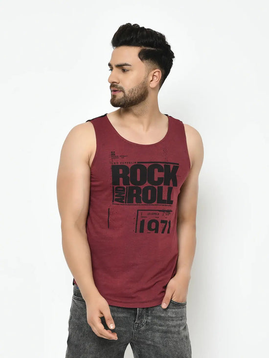 Rigo Maroon Black Placement Print With Curved Bottom Cotton Sleeveless T-Shirt Vest