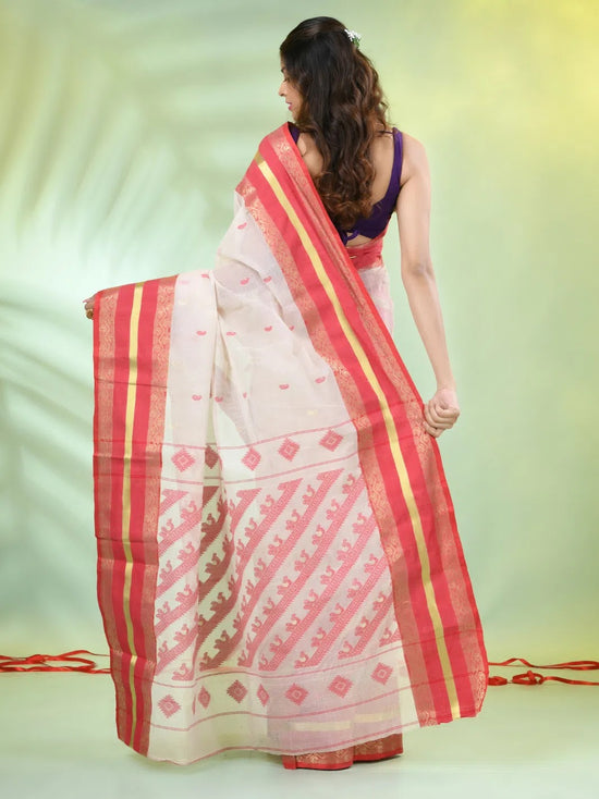 Off White Cotton Handwoven Saree With Ethnic Patterns-MA66CT431930006