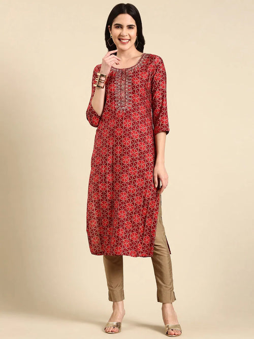 Women's Maroon Printed Straight Kurta-AT-A805-Maroon