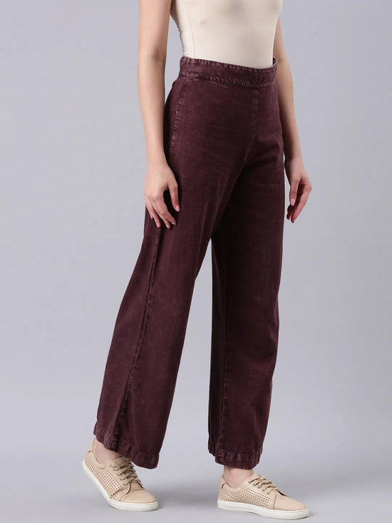 Women Burgundy Solid Wide Leg Denim Jeans-AE-10807-Burgundy