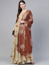 Ahalyaa Polyester Beige & Red Floral Printed Anarkali Kurta With Dupatta