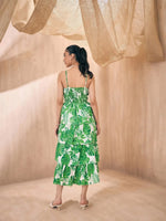 Women Green Leaf Print Frill Strappy Midi Dress