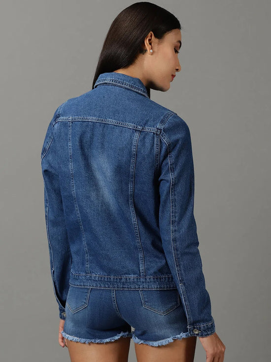 Women's Navy Blue Solid Denim Jacket-IM-10450-Navyblue