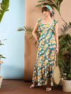 Women Sea Green Floral Back Tie Maxi Dress