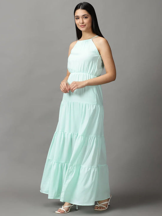 Women's Sea Green Solid Fit and Flare Dress-AE-15654-Seagreen