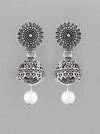 White Bead Studded Circular Oxidised Silver Plated Contemporary Jhumka-VOJ103