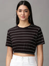 Women's Black Striped Cinched Waist Crop Top-AE-10503-Black