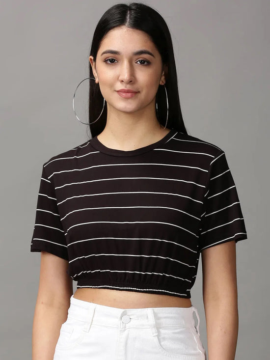 Women's Black Striped Cinched Waist Crop Top-AE-10503-Black