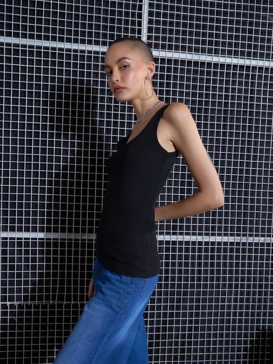 Women Black Rib Sleeveless Camisole