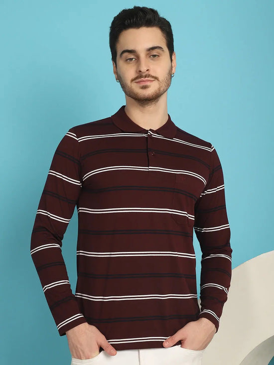 Venitian Men Striped Polo Neck Full Sleeves Wine T-Shirt Wih Pocket