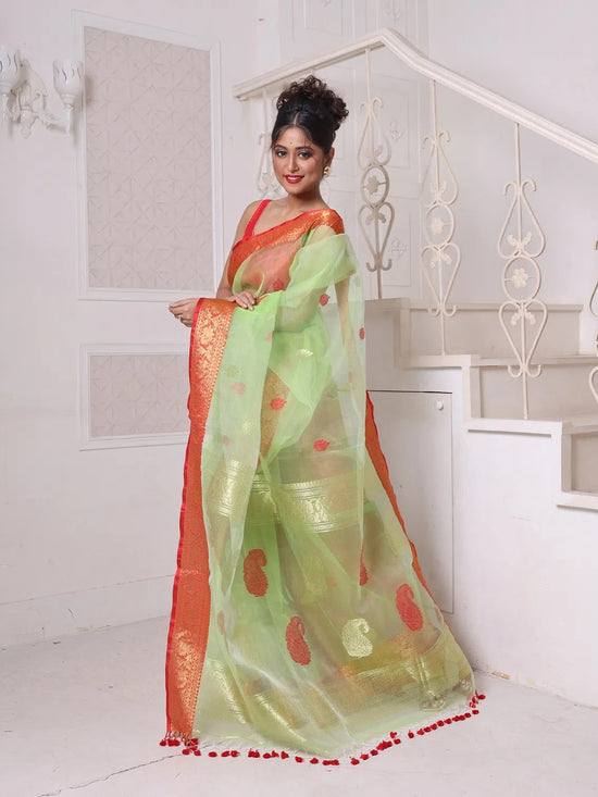 Light Green Muslin Saree With Zari Woven Nakshi Borders-MA62MS331980031