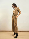 Women Khaki Notch Collar Shirt With Paperback Waist Pants