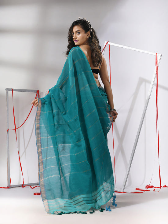 Teal Patli-Pallu Cotton Saree With Stripes Design-MA55CT06540004