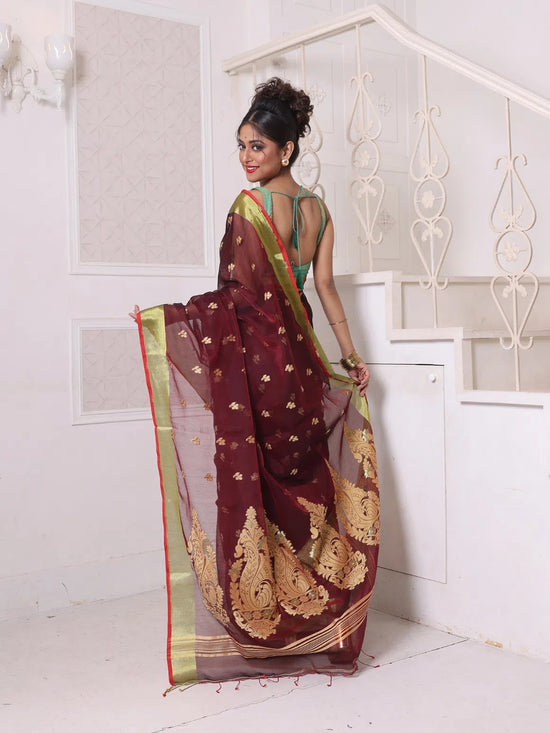 Maroon Cotton Saree With Zari Borders-MA64BCT401190050