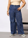 Women Blue Acid Wash Hem Pocket Straight Jeans