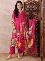 Ahika Women Pink Silk Blend Floral Printed Straight Kurta Trouser With Dupatta-PKSKD2414