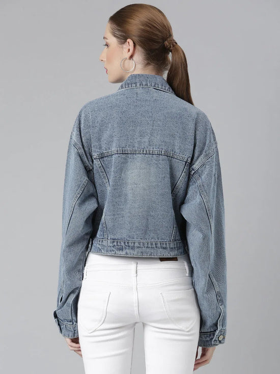 Women Blue Solid Denim Jacket-GZ-5555-Blue