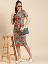 Pencil fit printed Midi Dress with back slit in Blue and Red Print