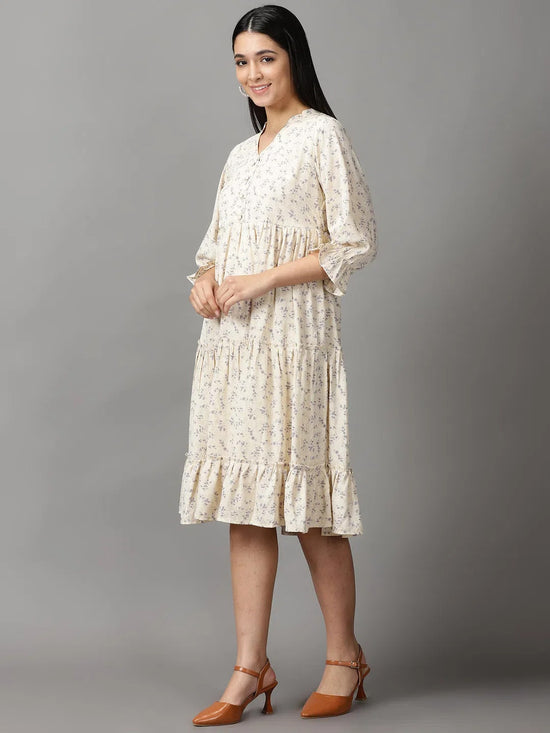 Women's Cream Floral Fit and Flare Dress-KG-4098-Cream