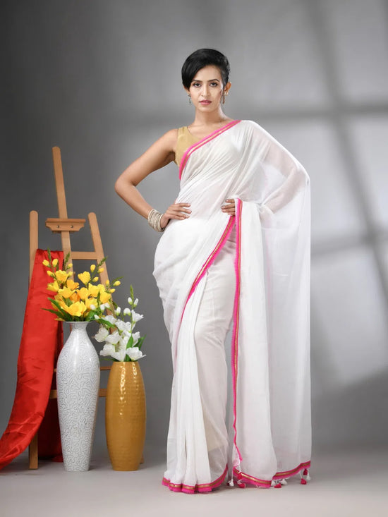 White Mul Cotton Soft Saree With Gota Patti Borders-MA62MCT33880008